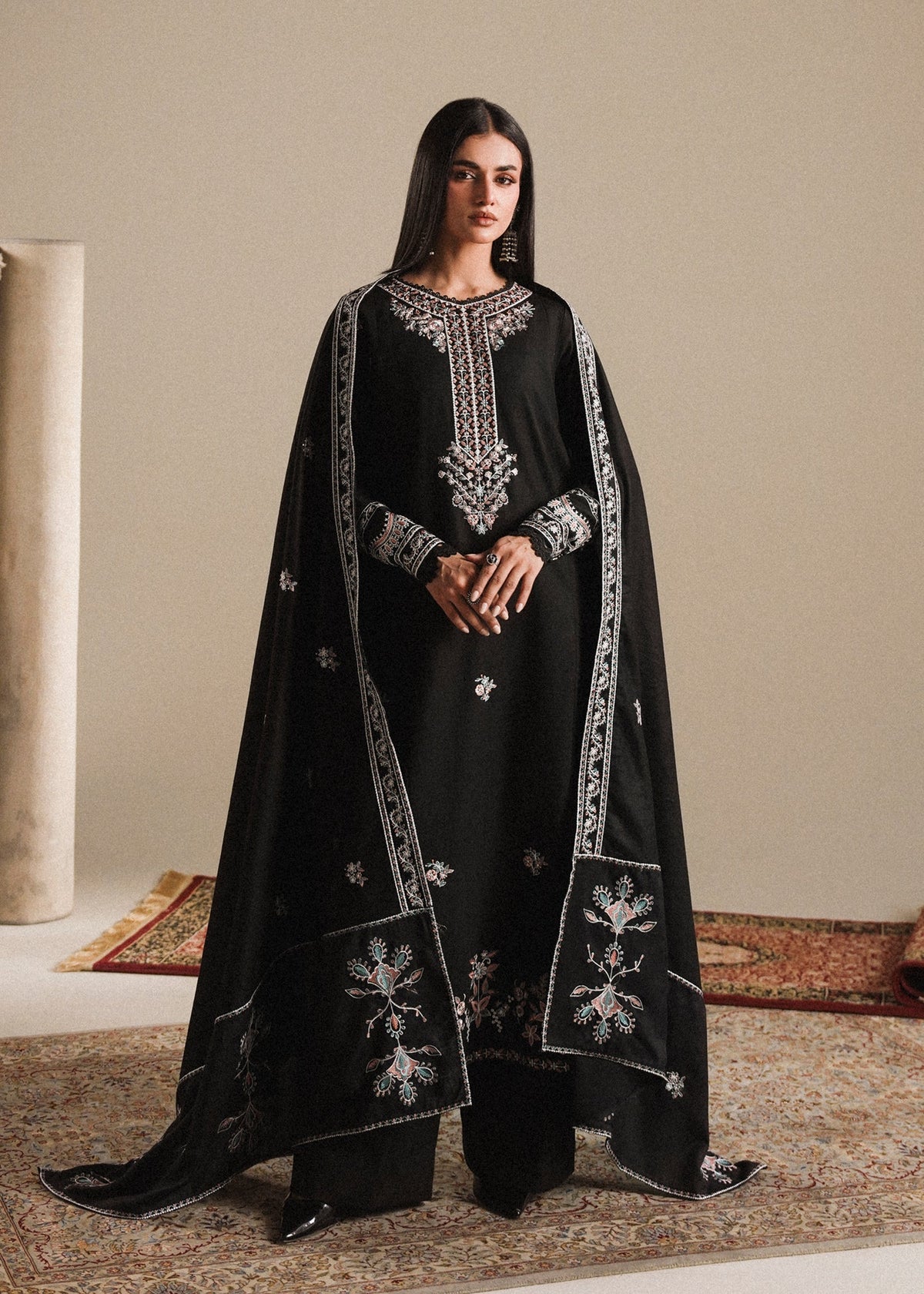 Noir Embroidered Shawl